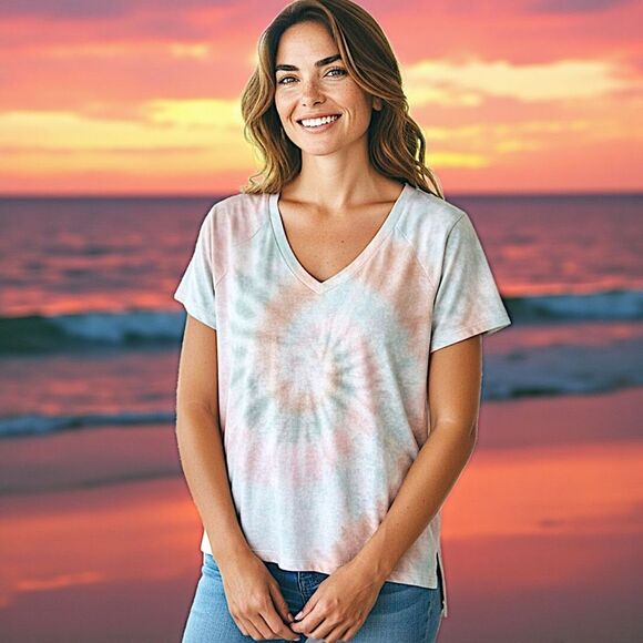 Tie Dye Terry Cloth Top L Relaxed Short Sleeve Beachy Coastal Pastels Hippie - Picture 16 of 16